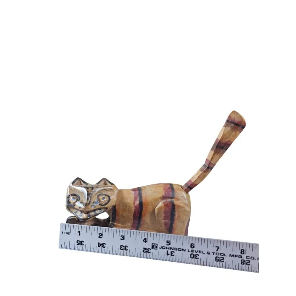 Vintage Guatemala Hand Carved Wood Cat Figurine Folk Art Painted Striped Wooden - Picture 10 of 10